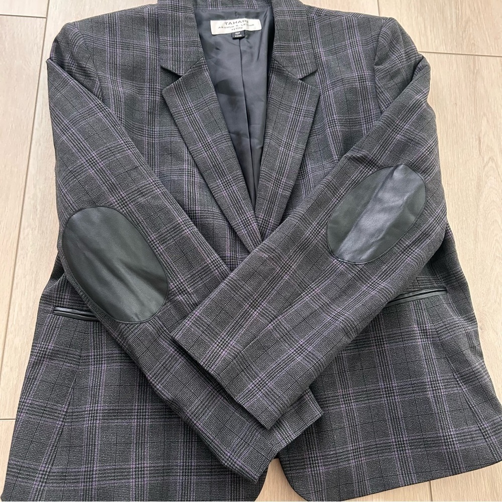 Tahari Gray Pink Plaid One Button Pocket Blazer Elbow Patch Levine 16 Petite - Picture 5 of 9